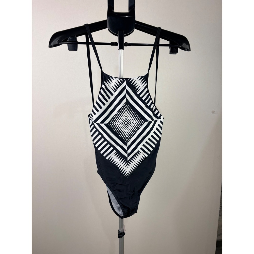 Geometric Diamond High Neck One Piece Swimsuit Black White XL
